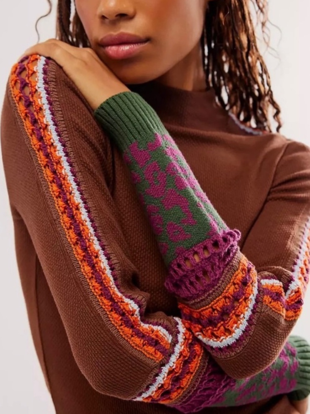 Free People Switch It Up Cuff Thermal Top size Small Dark Brown Crochet Knit NWT